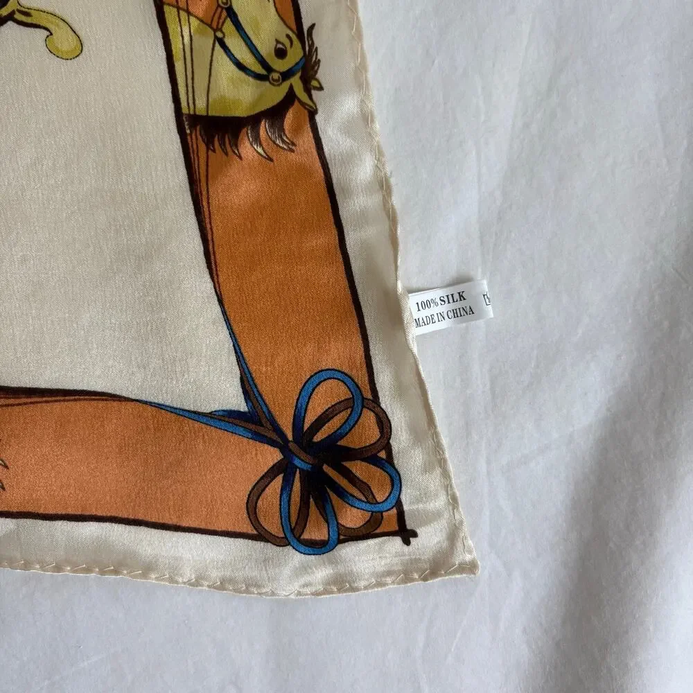 Vintage 100% Silk Equestrian Horse Scarf Blue Cream Square